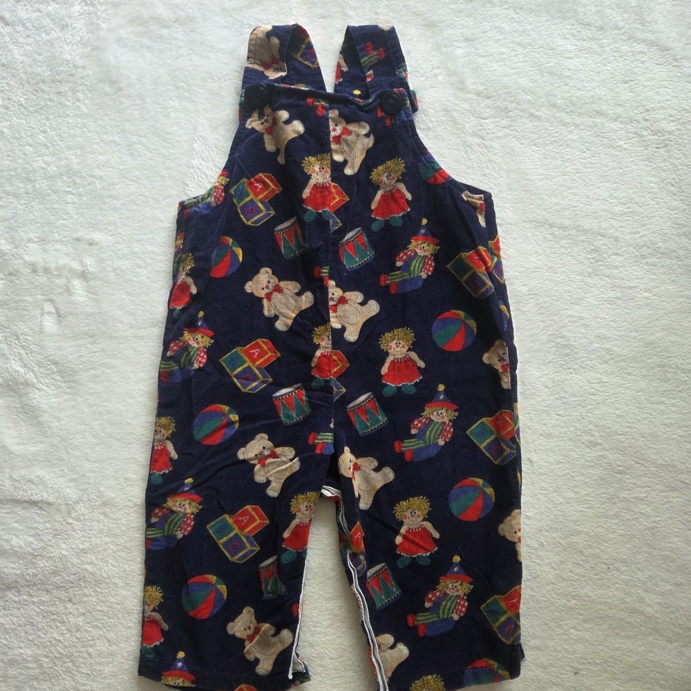 Vintage Corduroy Overalls Teddy Bear Blocks Retro Jumper No Tags 12-18 Mth